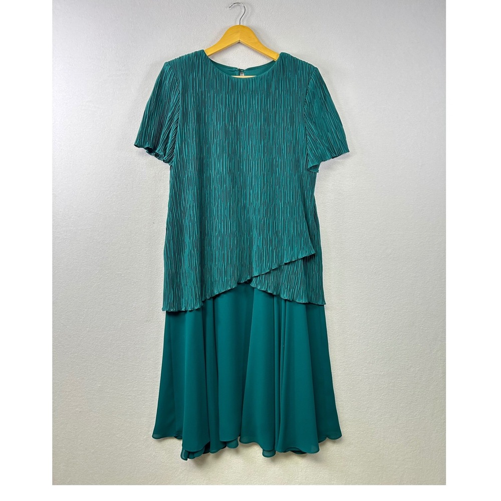 Vintage AFTER DARK Teal Pleated Layered Midi Dress Short Sleeve